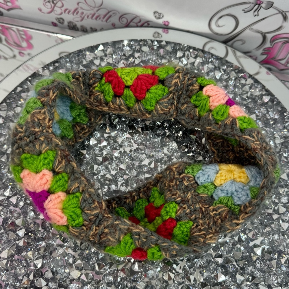 Headband ear warmer flowers knit knitted multicolor Colorful Crochet Headband